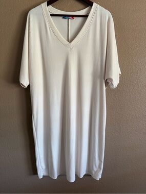 Freckled Poppy Relaxed V-Neck Ribbed Cream Midi Dress Size 1X